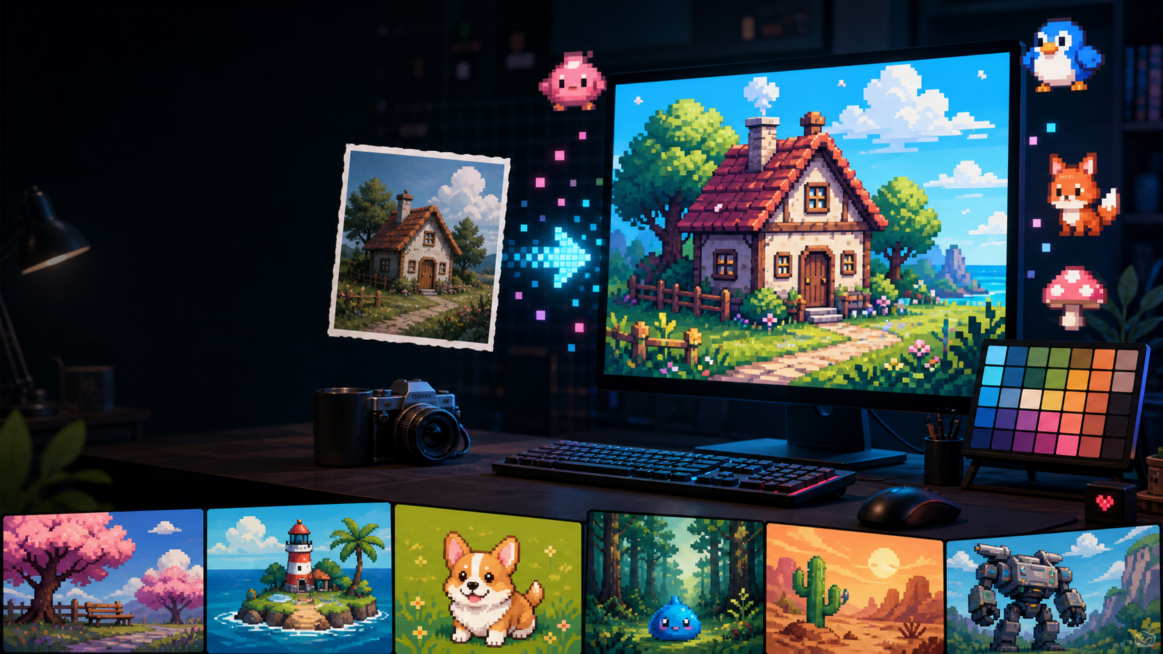 A creative studio scene showing an image becoming cute pixel art